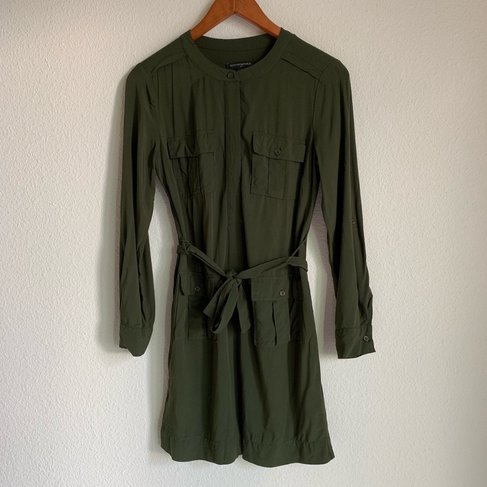 Banana Republic Olive Green Long-Sleeve Utility Shirt Dress